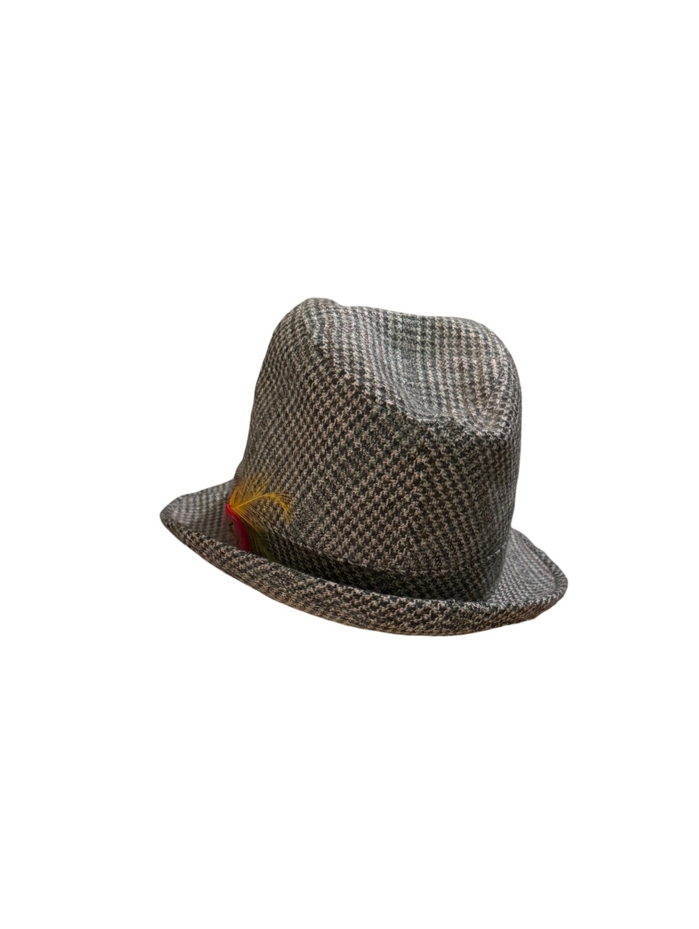 Vintage JCPenney Large Houndstooth Fedora Hat with Feather